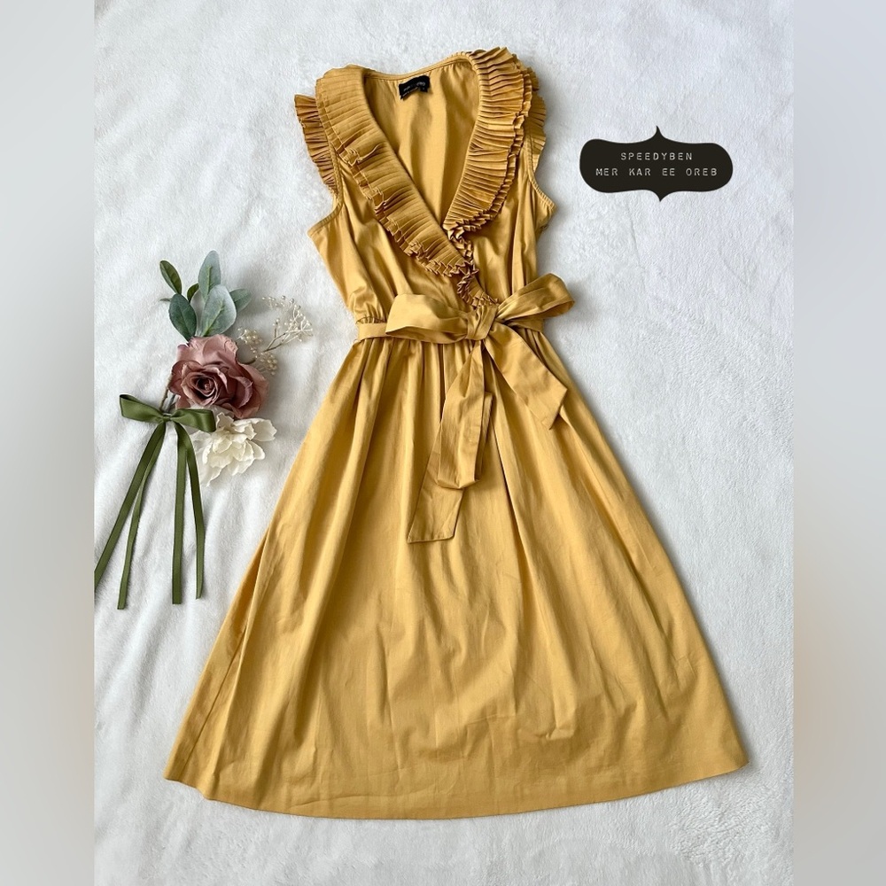 Max & Cleo Ruffled Pleated Collar Belted Yellow Dress